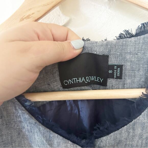 Cynthia Rowley Linen Sheath Dress Blue Sleeveless Raw Edge Trim Button Zip Sz 8 - Picture 4 of 8